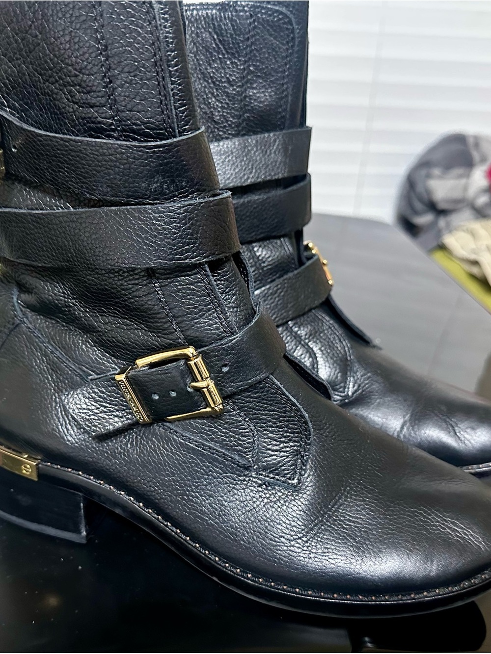 Vince Camuto Black Leather Belted Boots with Gold Buckle